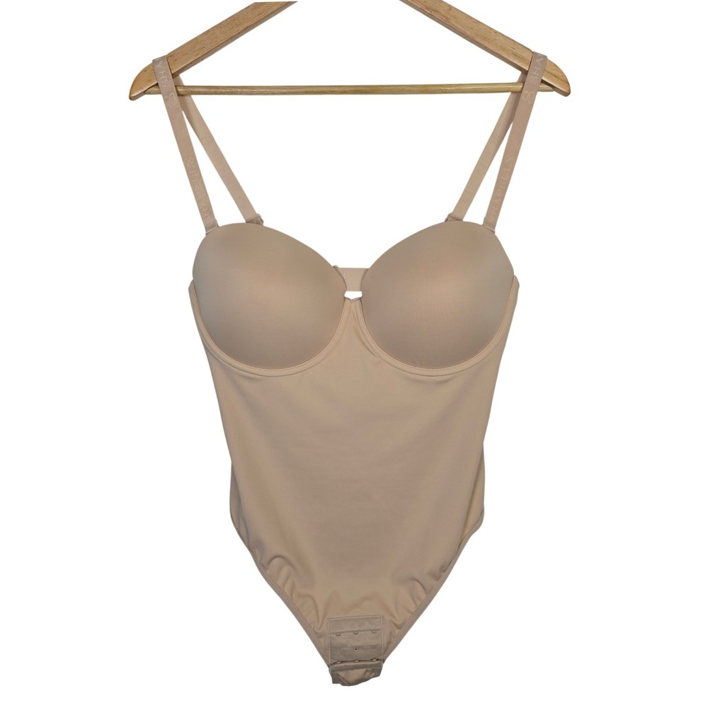Shapellx Women Beige Backless Thong Bodysuit Shapewear Underwire Padded Cup M